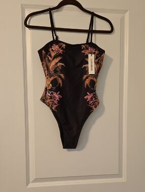 Commense Brown One-Piece with Tropical Orange and Pink Print. Size S NWT